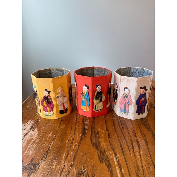 Vintage Handcrafted Octagonal Waste Paper Baskets Made In Hong Kong With Asian F - Picture 1 of 6